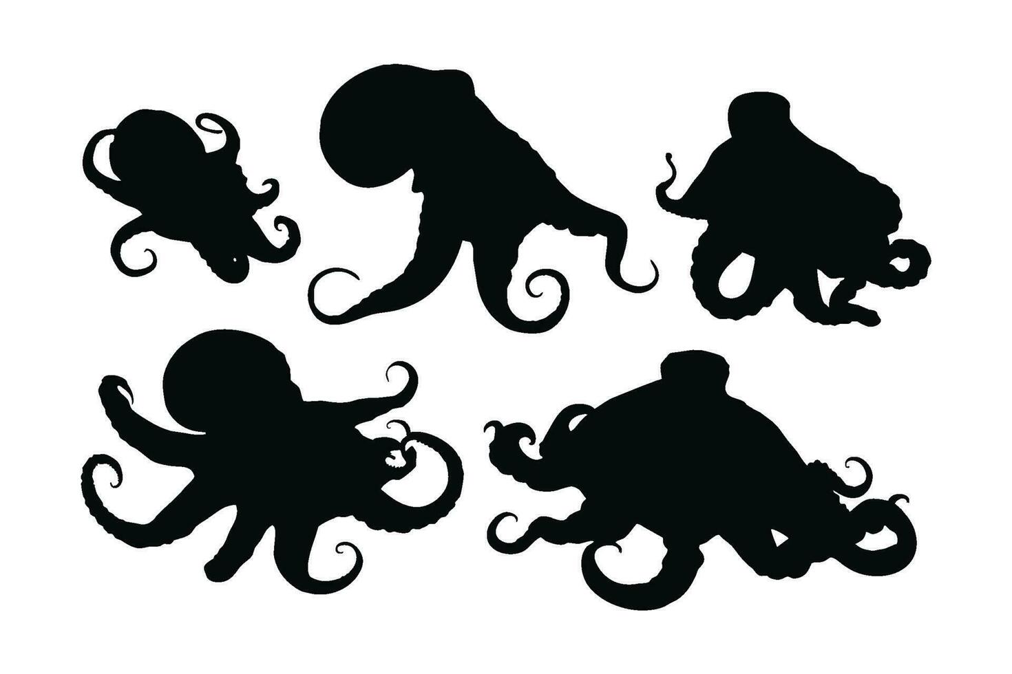 Octopus silhouette bundle. Octopus with tentacles silhouette set vector. Octopus crawling silhouette bundle design. Sea creatures vector on a white background. Squids in different positions.