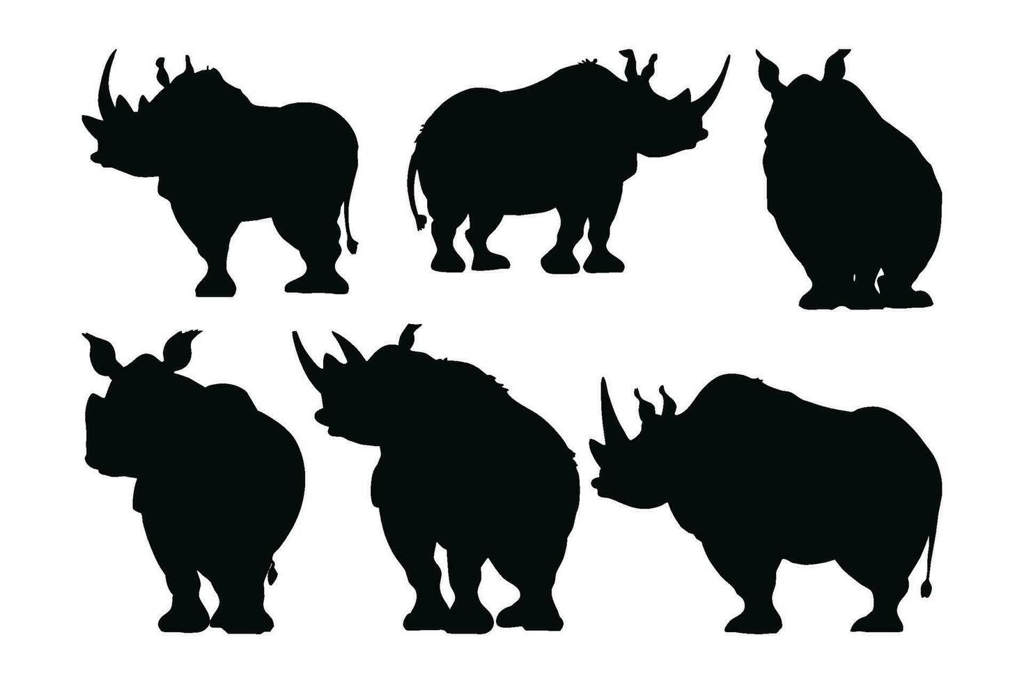 rinoceronte en pie en diferente posiciones, silueta conjunto vector. adulto rinoceronte silueta colección en un blanco antecedentes. salvaje peligroso animales me gusta hipopótamos o rinocerontes, lleno cuerpo silueta manojos. vector