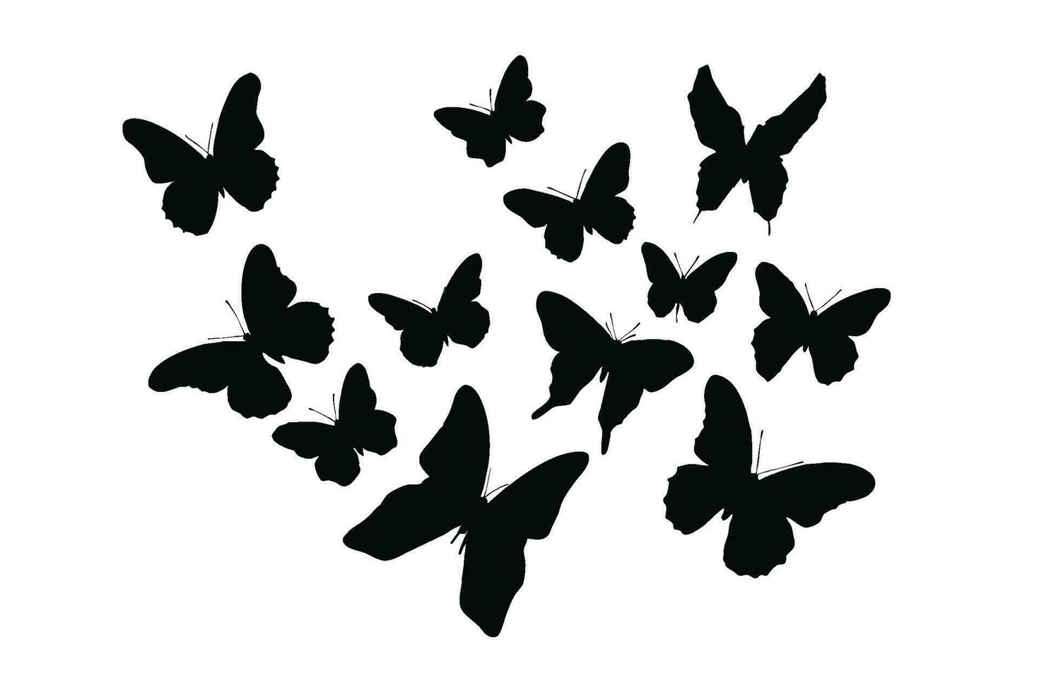 Wild butterflies flying silhouette set design. Butterflies silhouette vector collection on a white background. Monarch standing and sitting. Moth and butterfly black and white silhouette vector bundle