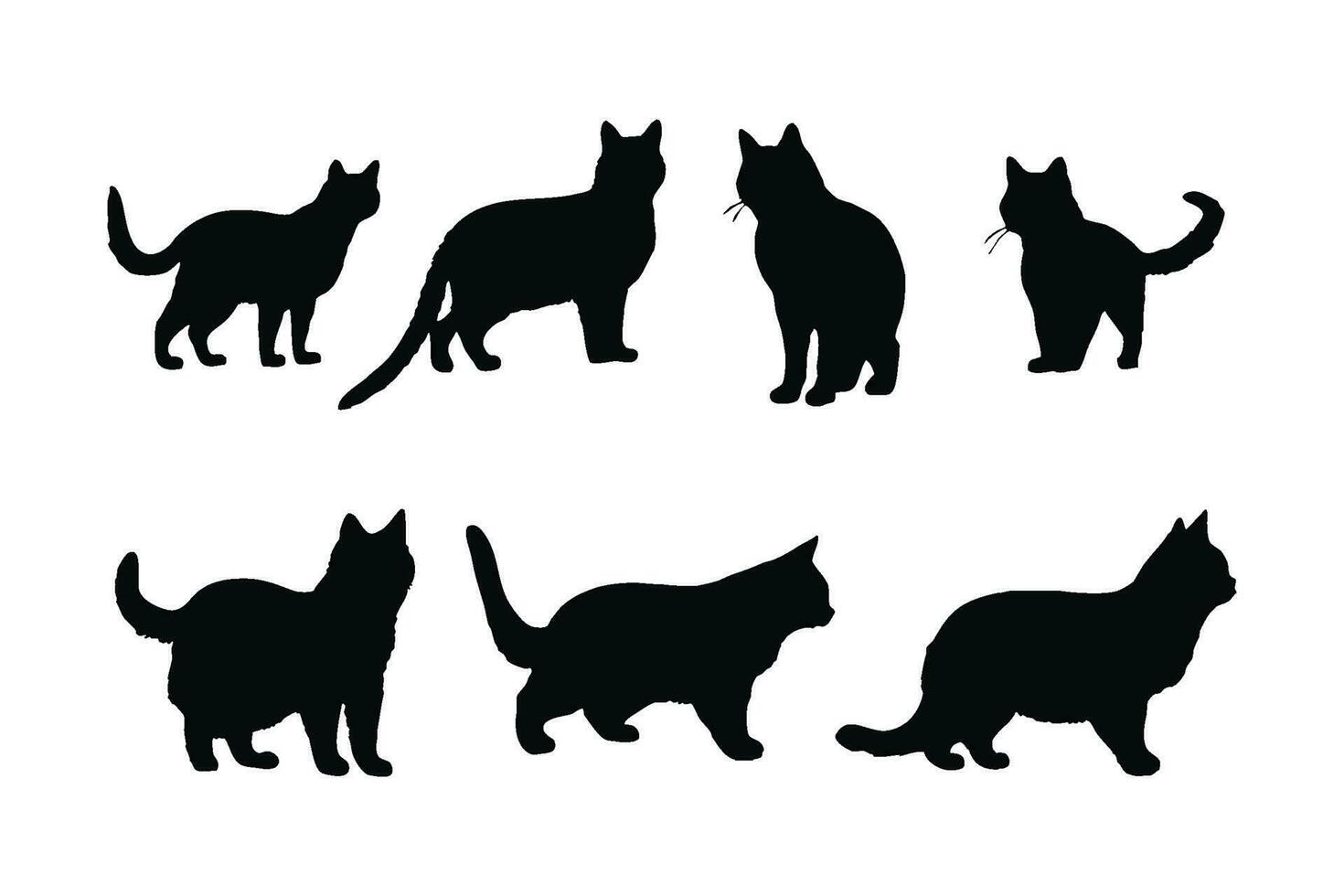 Wild cats standing silhouette set design. Furry cat silhouette vector collection on a white background. Feline standing and sitting. Home cat black and white silhouette vector bundle.