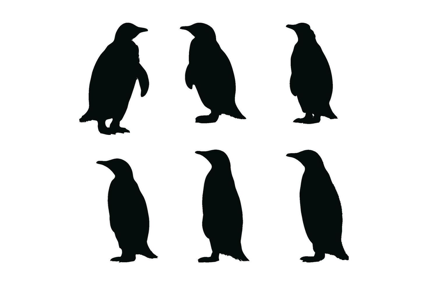 salvaje no volador pájaro silueta haz diseño. linda pingüino en pie silueta conjunto en un blanco antecedentes. herbívoro pingüinos en pie en diferente posiciones. pingüino lleno cuerpo silueta colección vector
