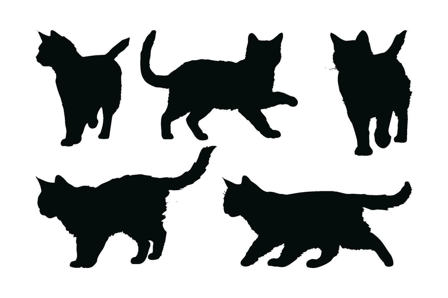 linda peludo felino en un blanco antecedentes silueta conjunto vector. Doméstico hogar gato caminando en diferente posiciones silueta manojo. anónimo negro gato silueta. linda oscuro gato caminando vector diseño.