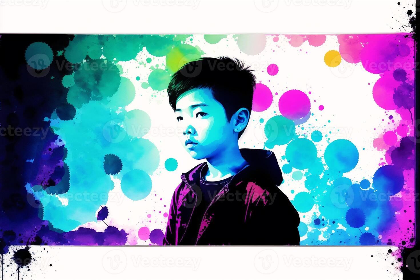 An illustration of A little asian boy. Playing soccer. Silhouette. Watercolor paint. photo