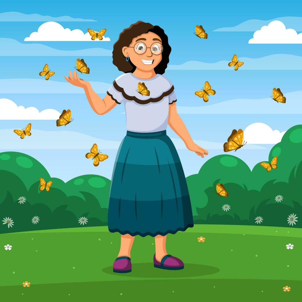 latina niña jugar con mariposas en el jardín vector