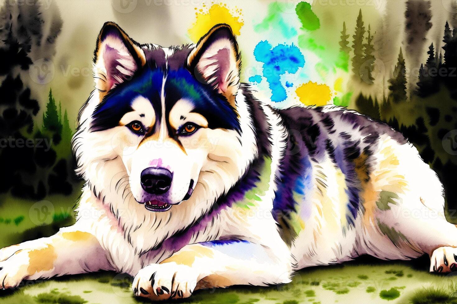Watercolor painting of the Majestic Siberian Husky. A True Arctic Beauty with Energetic Spirit. photo
