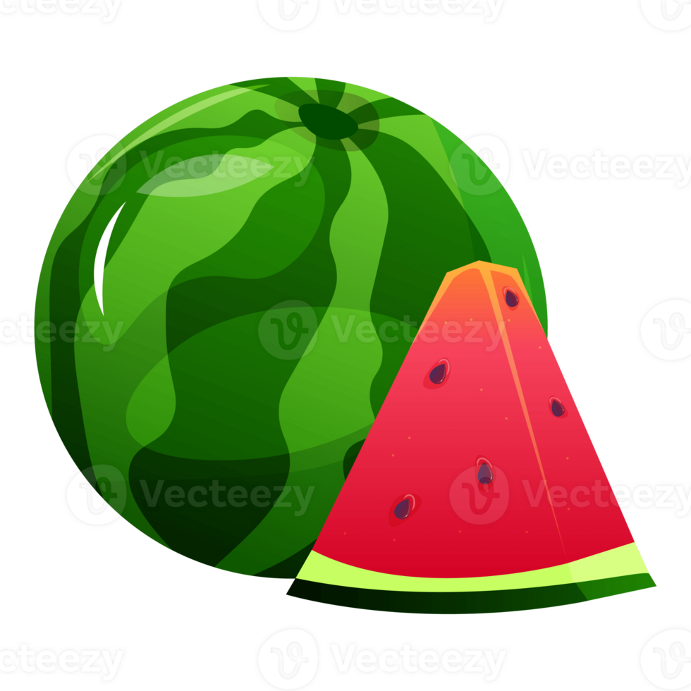 Whole watermelon with slice cartoon illustration. Summer fruit. Green striped berry with red pulp and brown bones png