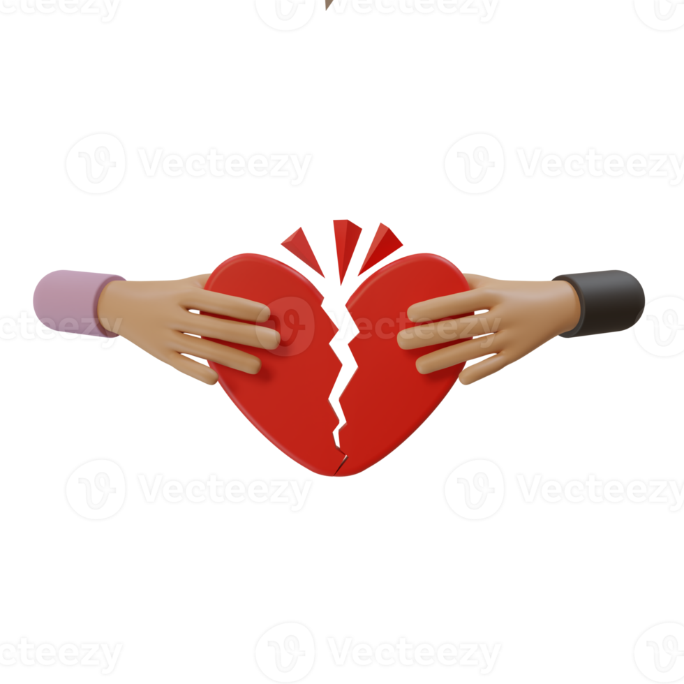 3d render illustration of icon of two hands holding cracked and broken heart. icon concept of being divorced or breaking up of two partners png