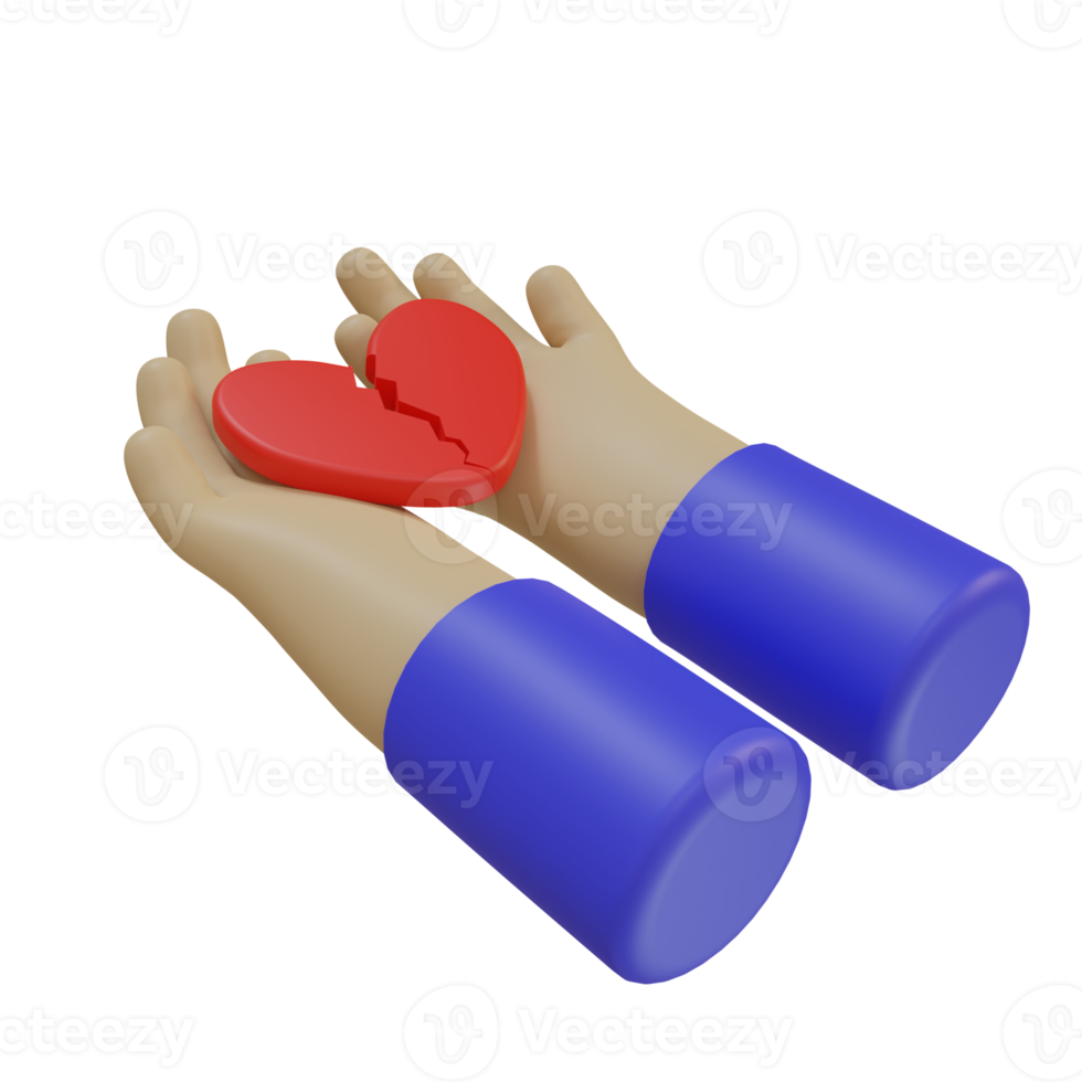 3d render illustration of a hand icon carrying a cracked or broken heart. broken heart concept png