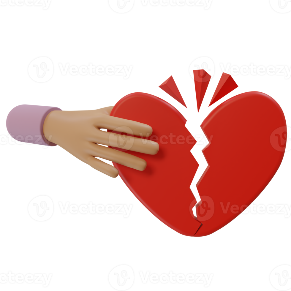 3d render illustration of the icon of a hand taking a broken heart. the concept of a woman's hand holding a broken heart depicts sadness, disappointment and divorce png