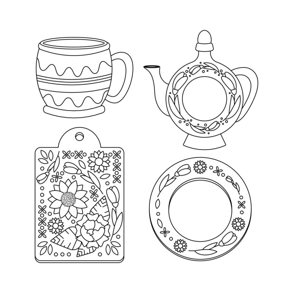 Utensils with an ornament, a jug, a cup, a plate. Ukrainian symbols. vector