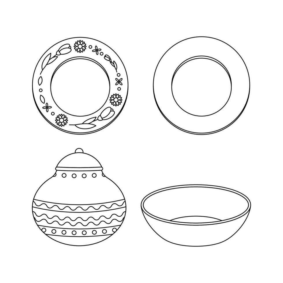 A set of dishes, plates, bowls with floral ornaments. Ukrainian symbols. vector