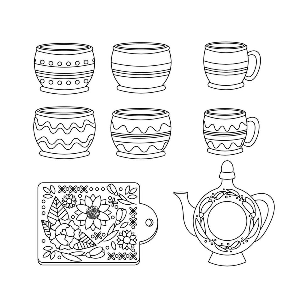 A set of dishes, cups, pots, a kitchen cutting board. Ukrainian symbols. vector