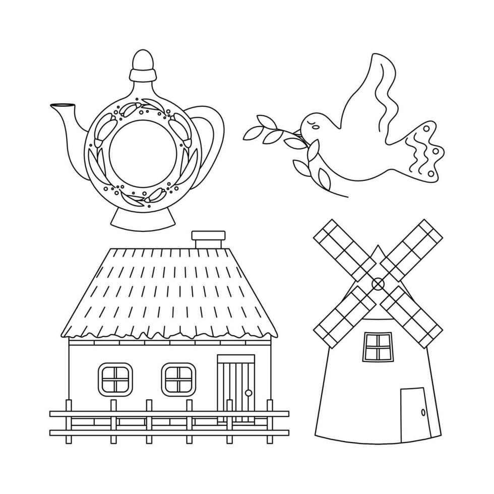 Ukrainian house, jug, mill, bird with a branch. Ukrainian symbols. vector