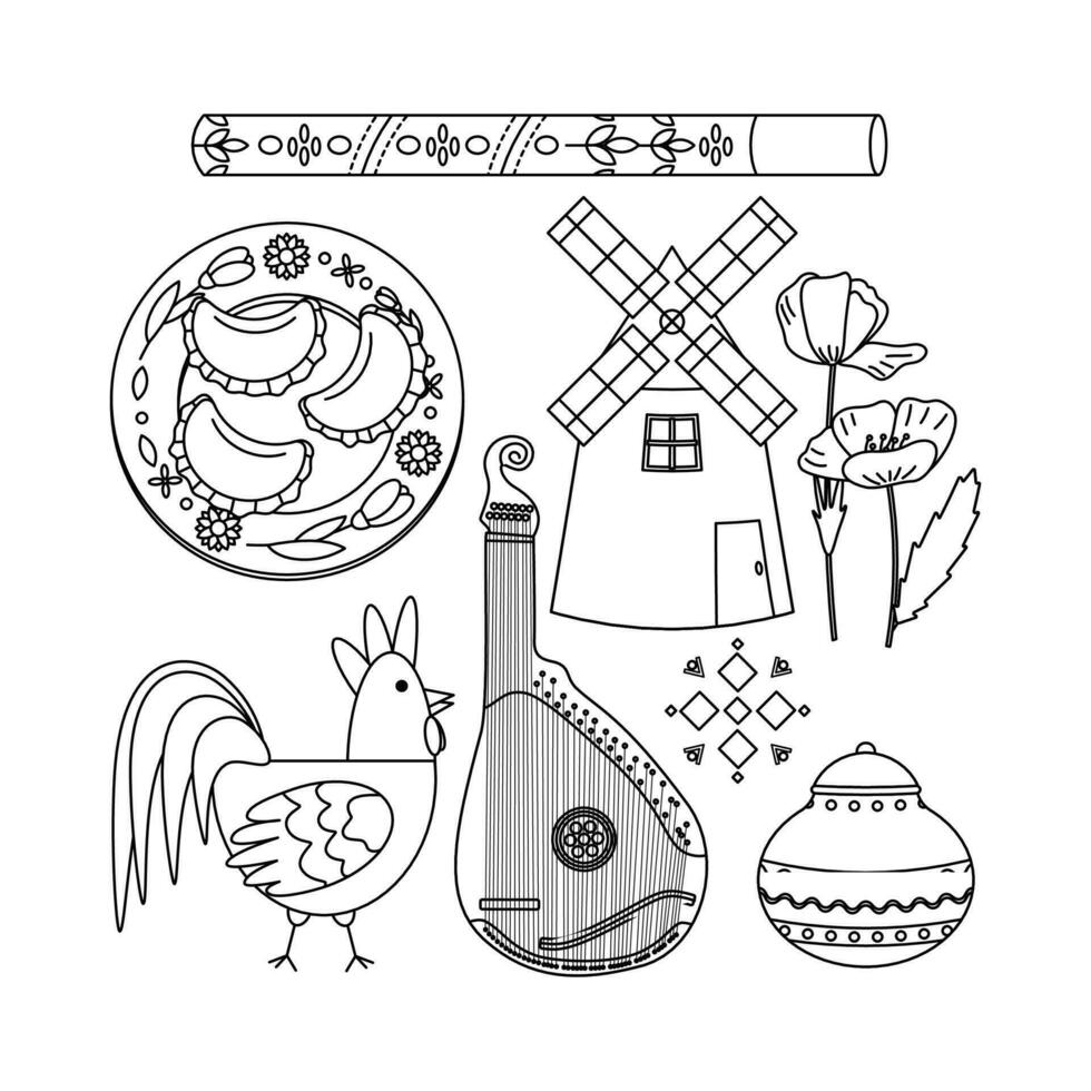 A set of elements musical instruments, pandora, pipe, dumplings, mill. Ukrainian symbols. vector