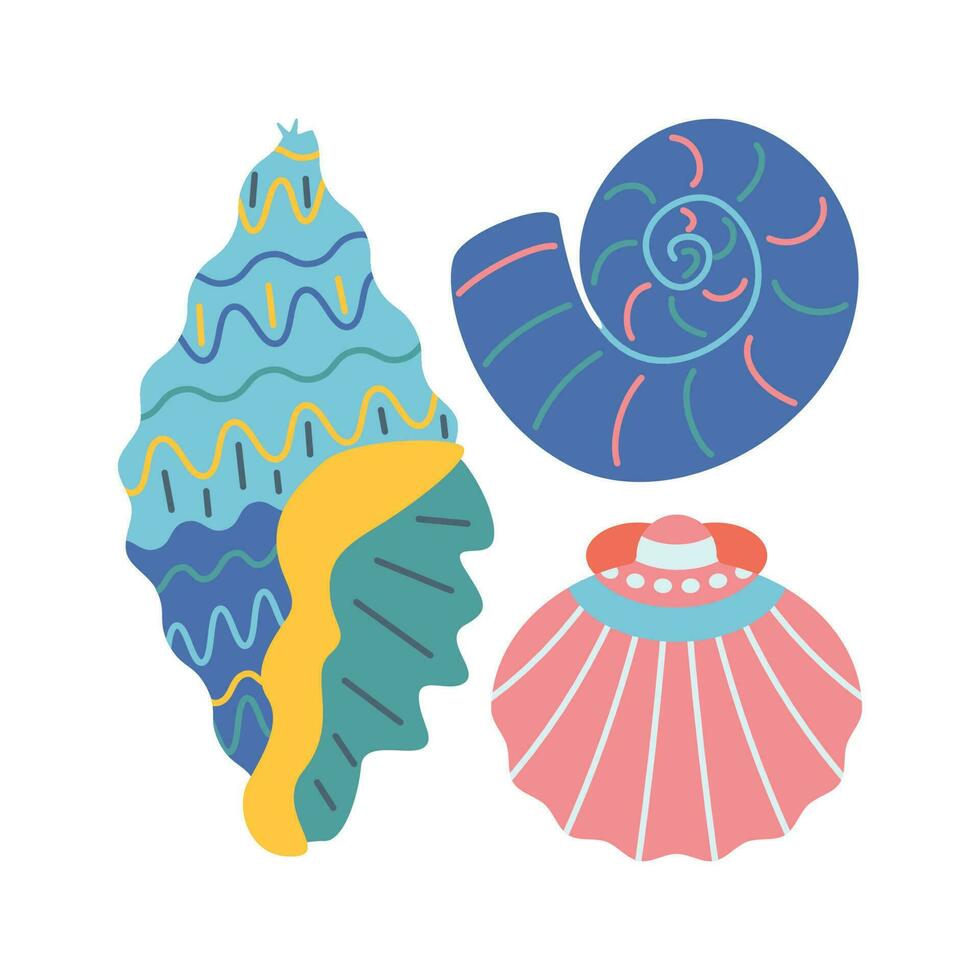 Set of diverse sea shell, aquatic life animals in flat cartoon style. vector
