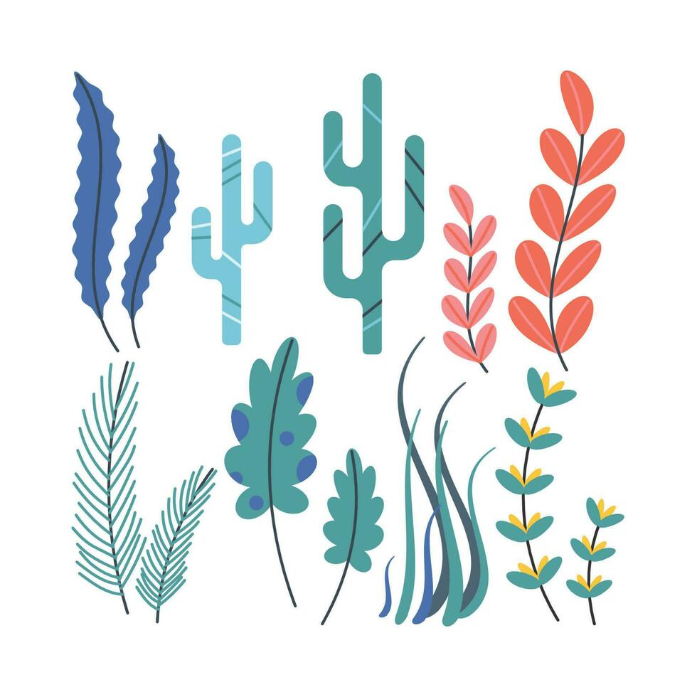 Set of marine elements of seaweed  in flat cartoon style. vector
