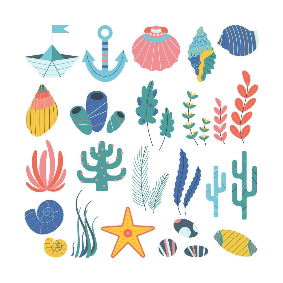 Set of marine elements of seaweed, seashells, starfish, stones, anchor, ship in flat cartoon style. vector