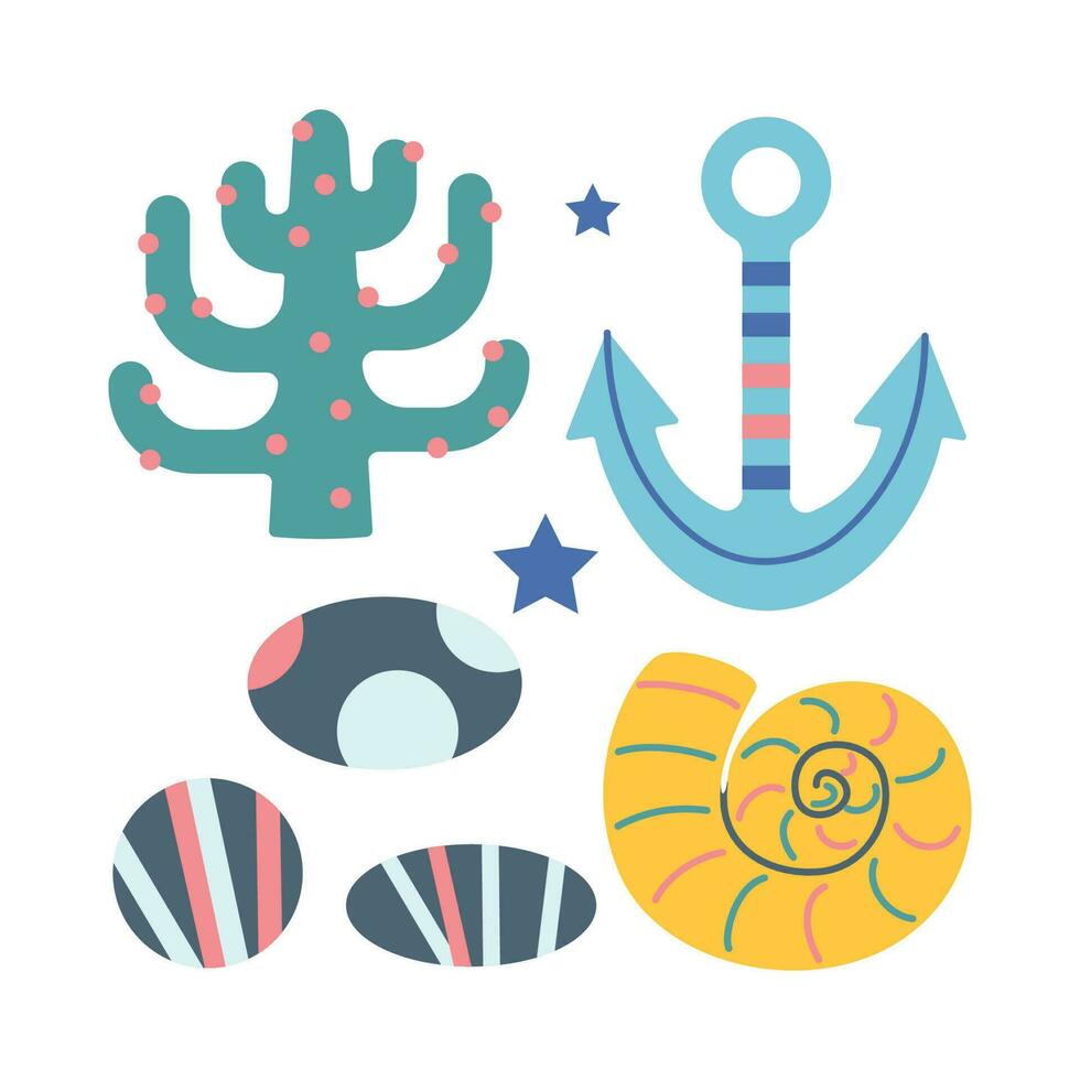 Set of of seaweed, seashells, stones, anchor in flat cartoon style. vector