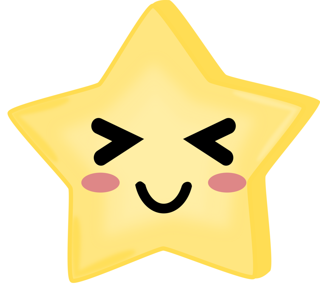 Cute yellow doodle star smile face. Eyes closed. PNG illustration.