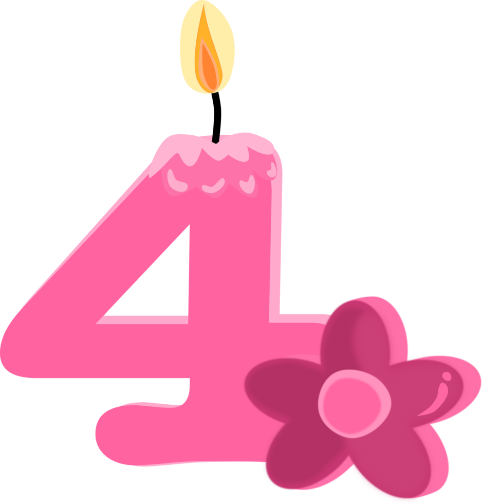 Pink four 4 number happy birthday candle and flower PNG illustration.