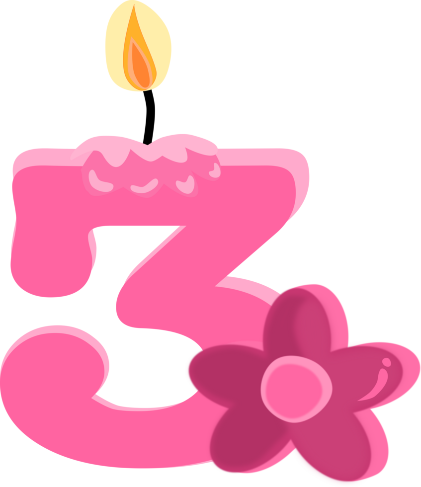 Pink three 3 number happy birthday candle and flower PNG illustration.