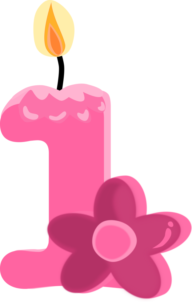 Pink one 1 number happy birthday candle and flower PNG illustration