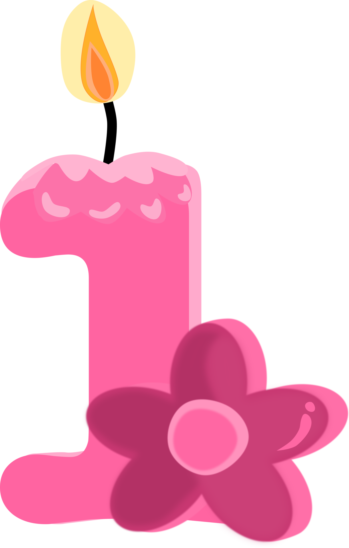 Pink one 1 number happy birthday candle and flower PNG illustration