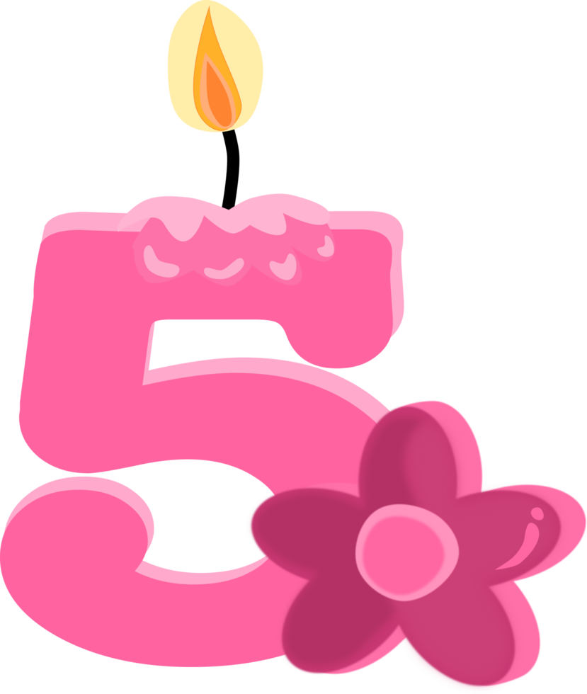 Pink five 5 number happy birthday candle and flower PNG illustration.