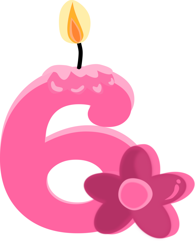 Pink six 6 number happy birthday candle and flower PNG illustration.