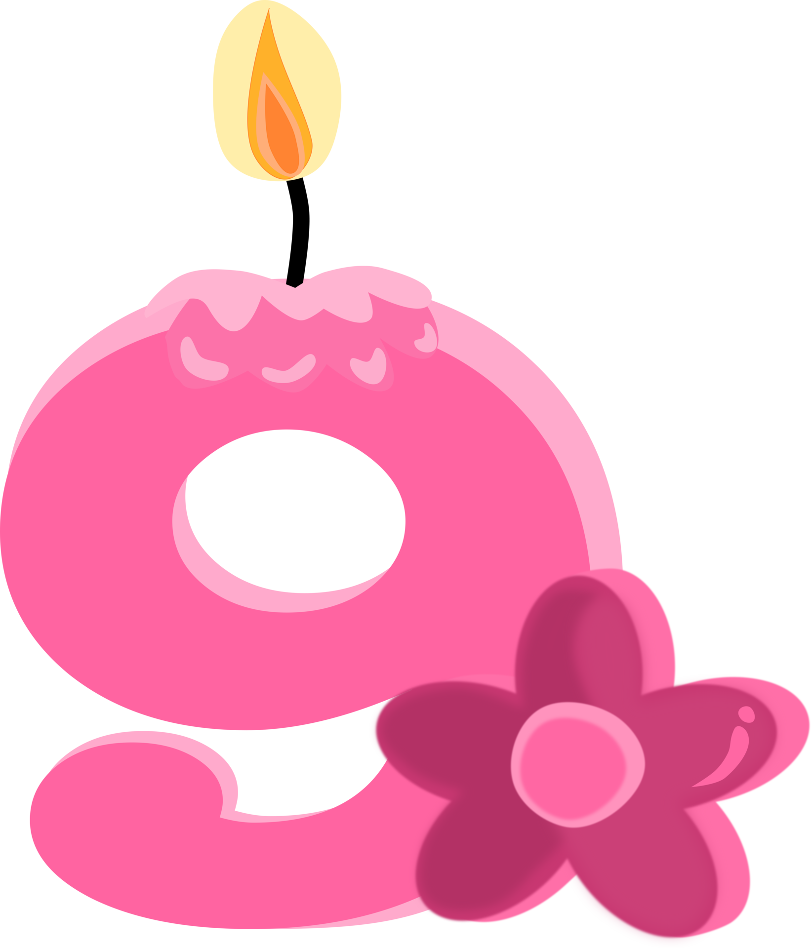 Pink nine 9 number happy birthday candle and flower PNG illustration