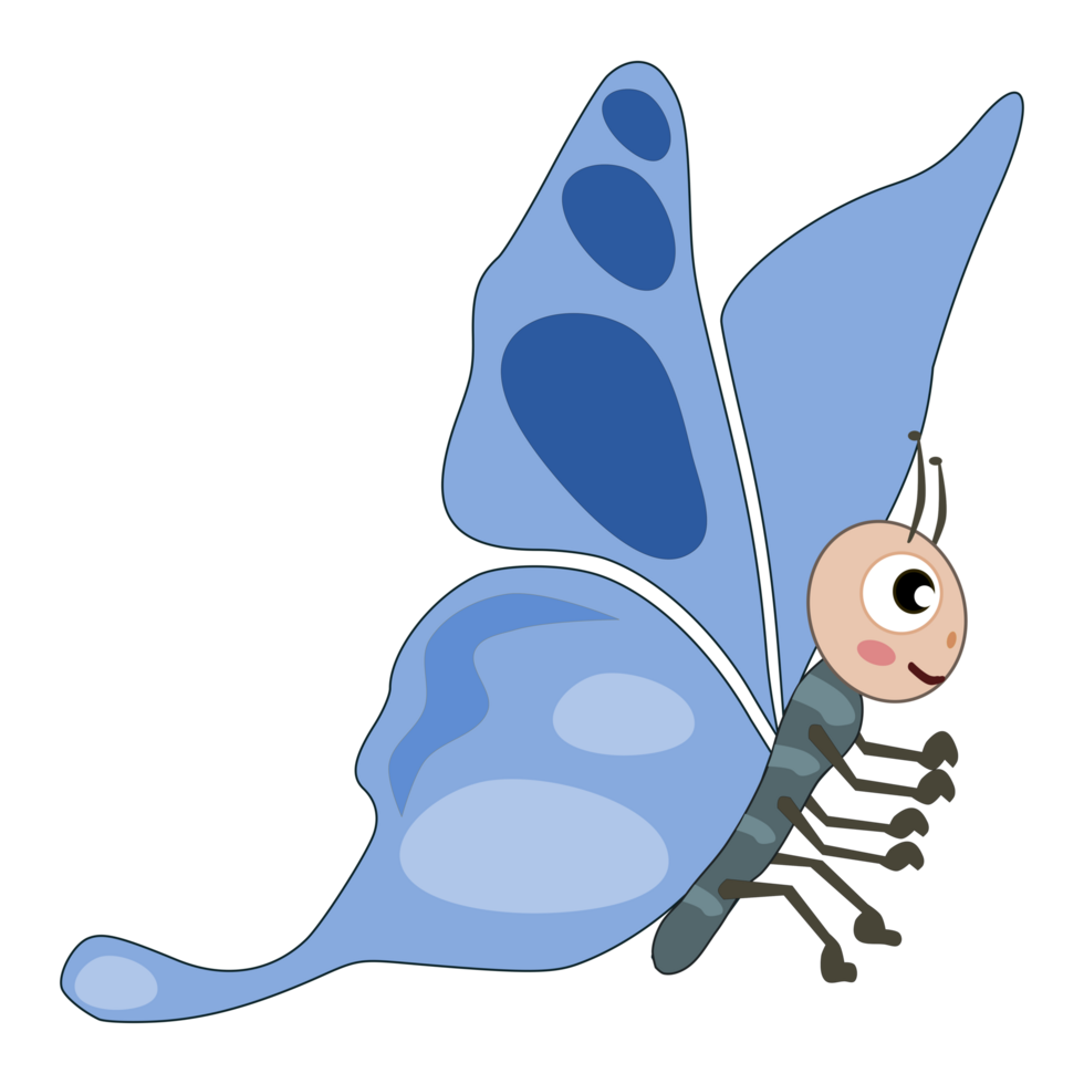 Cute blue butterfly doodle cartoon illustration. png