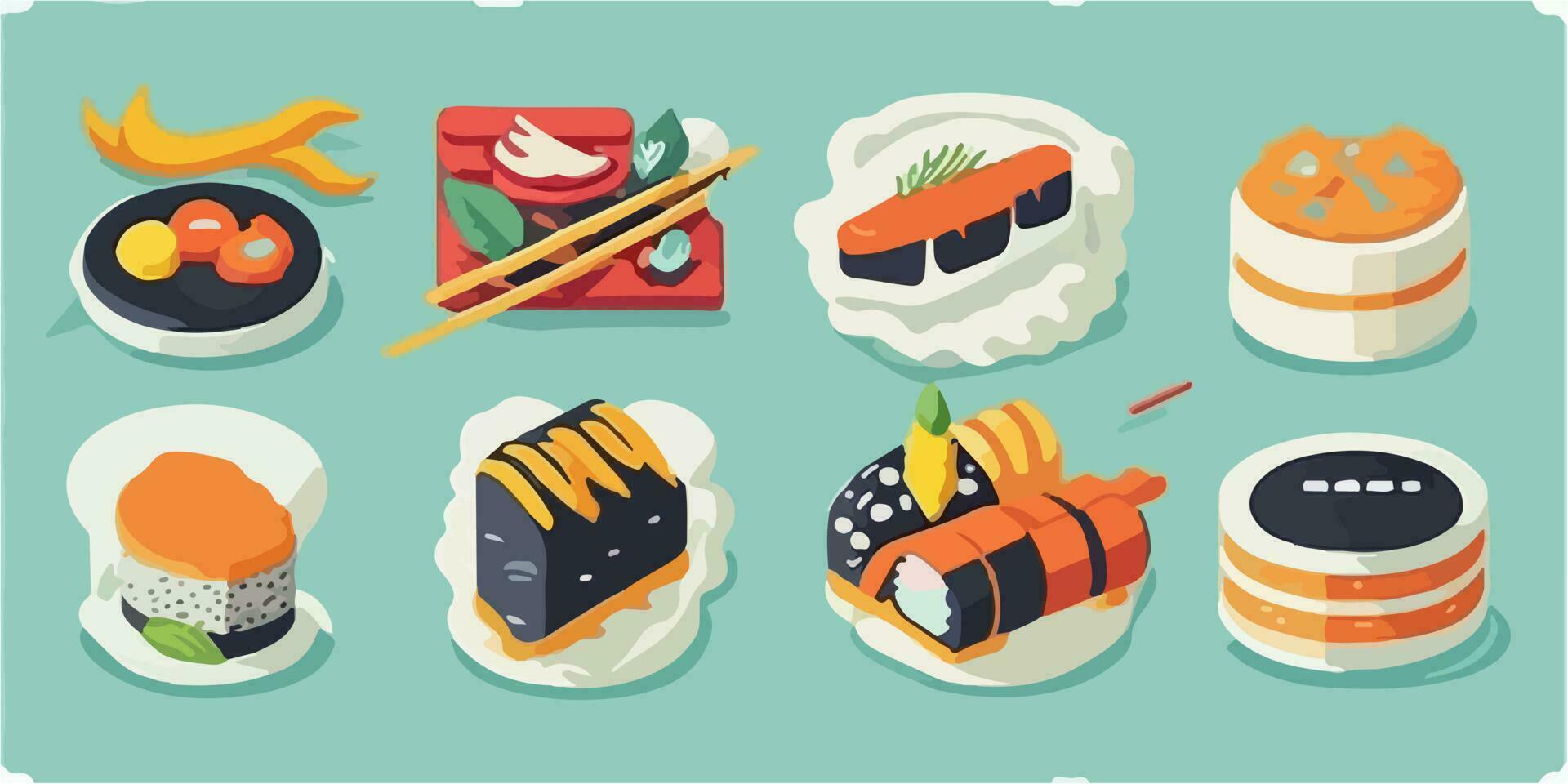 Sushi Fiesta, Vibrant Vector Illustration of a Colorful Japanese Feast