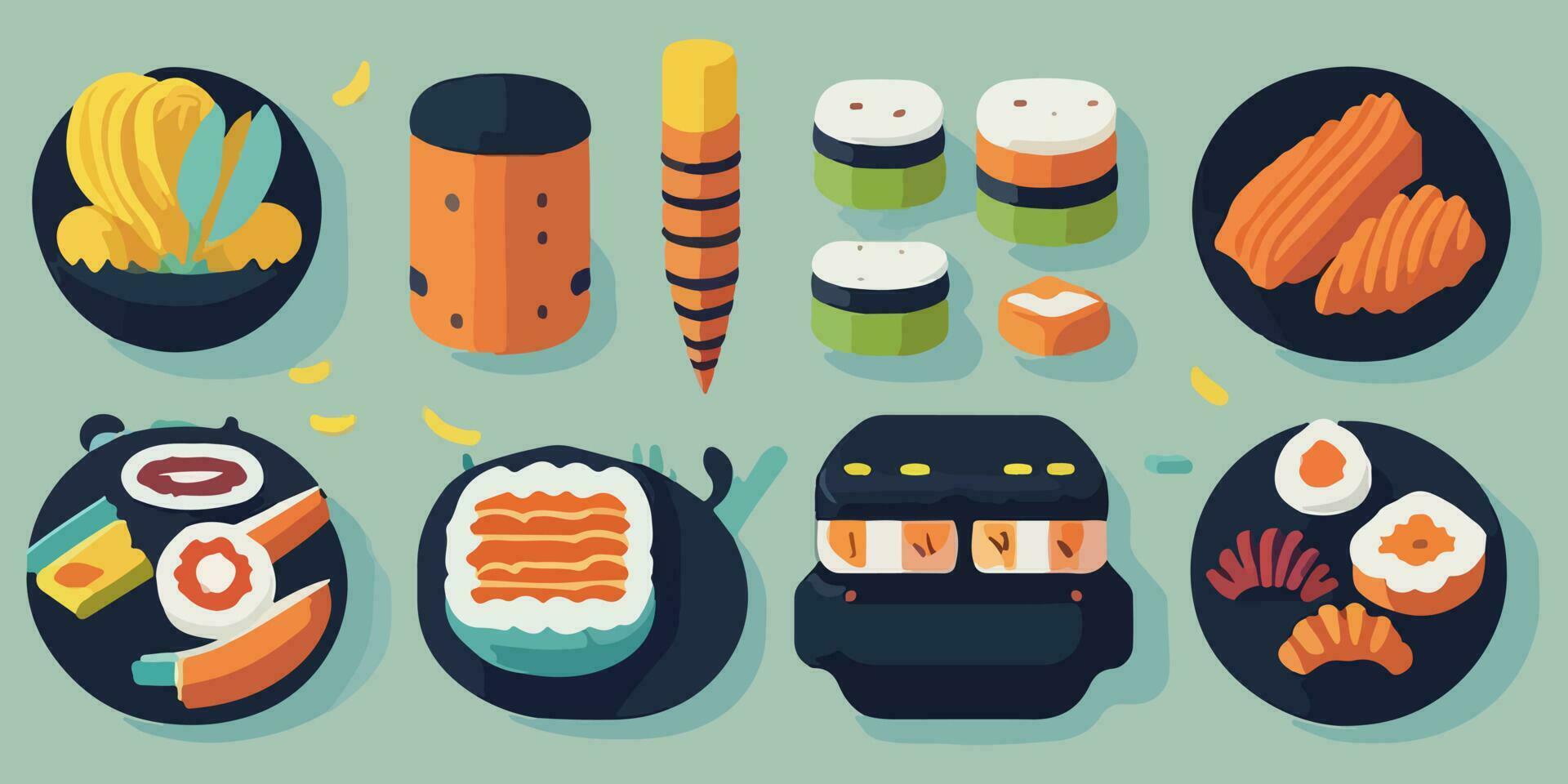 cautivador Sushi aventura, juguetón vector ilustración con vistoso rollos