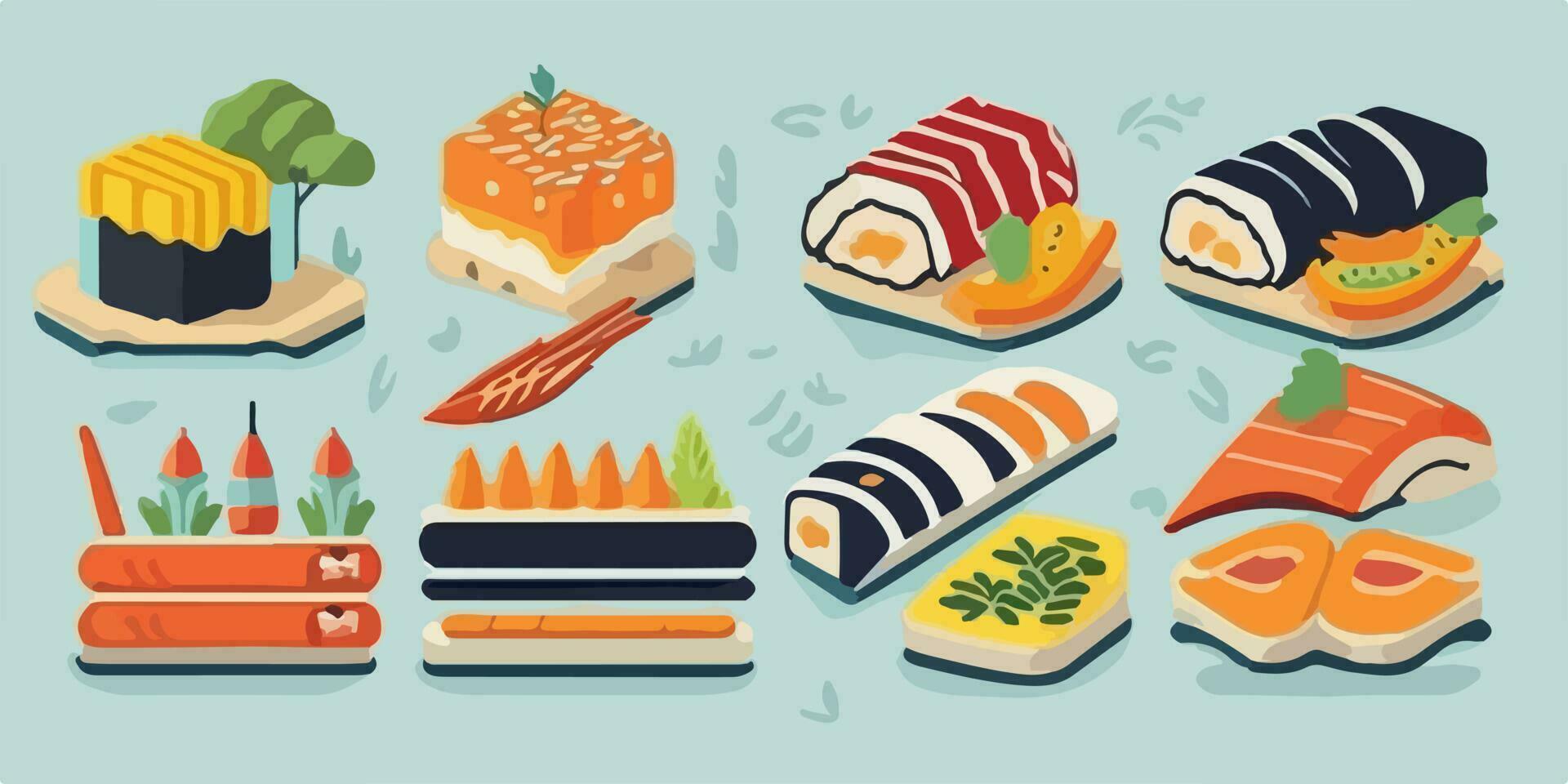 Delectable Delights, Fun and Colorful Sushi Set Illustration with Irresistible Characters vector