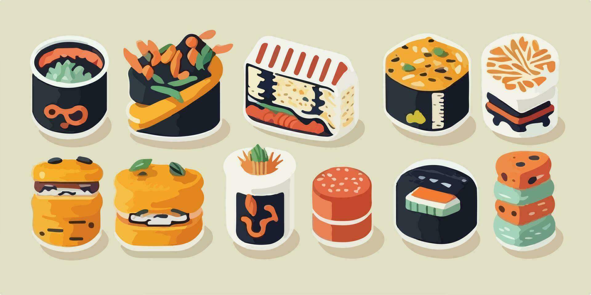 sabroso aventuras, a todo color ilustración de un Agua en la boca Sushi conjunto vector