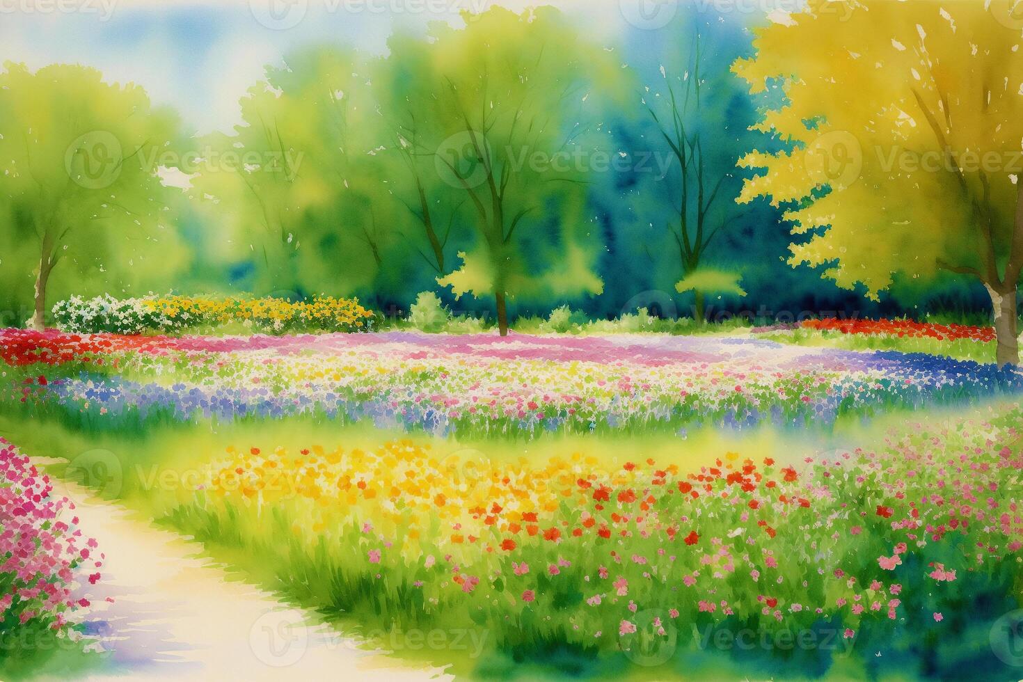 Tranquil Summer Scenery. A Watercolor Painting of Park, Lake, field and River. photo