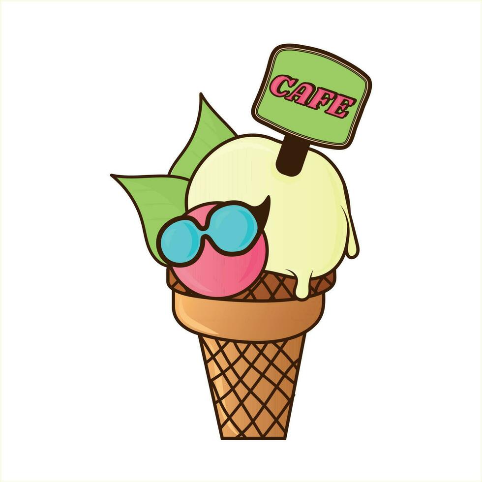 Melting scoops of ice cream in a waffle cone isolated on a white background. A vector flat outline icon. Comic character in cartoon style illustration for t-shirt design