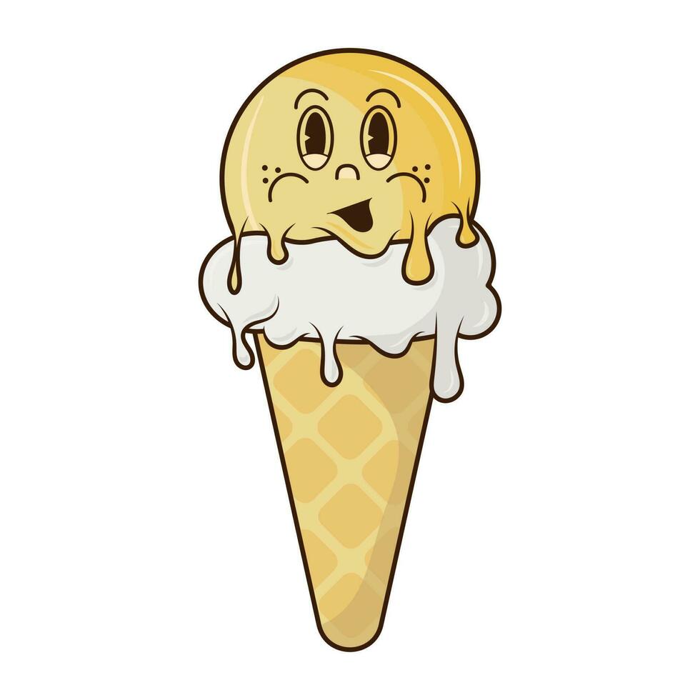 Ice cream in a bright cartoon style of Groovy. Ice cream vector in pleasant colors. isolated on a white background.