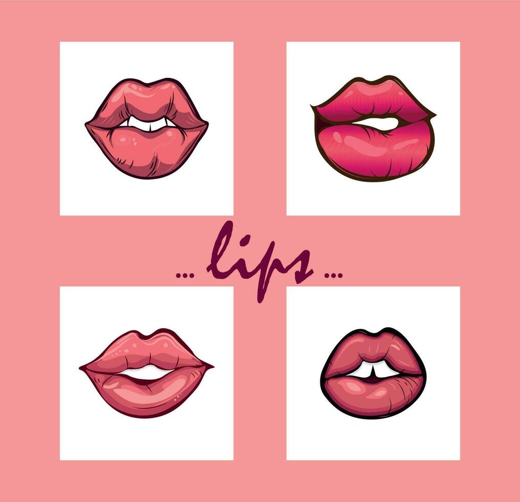Set psychedelic trippy lips isolated, cute cartoon lips teeth, vector illustration