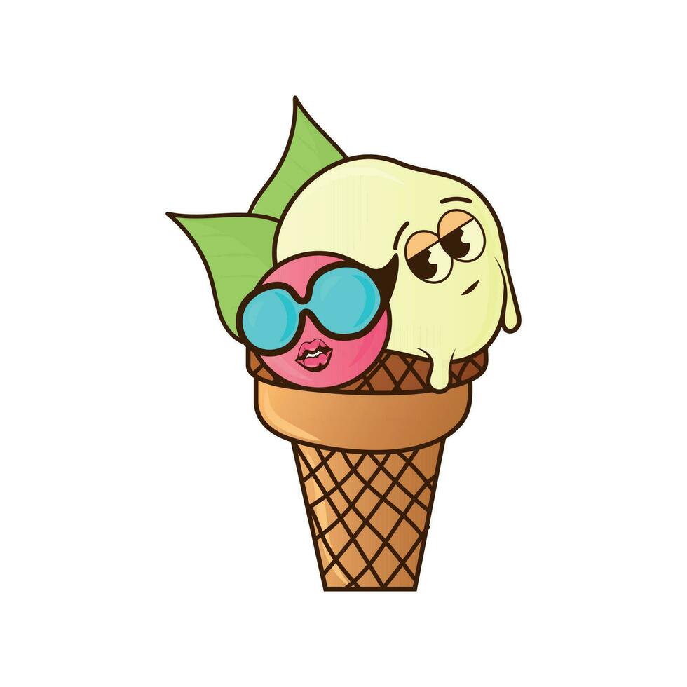 Melting scoops of ice cream in a waffle cone isolated on a white background. A vector flat outline icon. Comic character in cartoon style illustration for t-shirt design