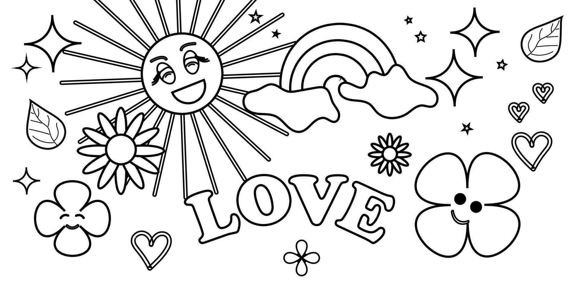 A groovy hippie of the 70s. Funny cartoon flower, rainbow, love, heart, chamomile. Sticker pack in a fashionable retro-psychedelic cartoon style. Stand-alone vector illustration.