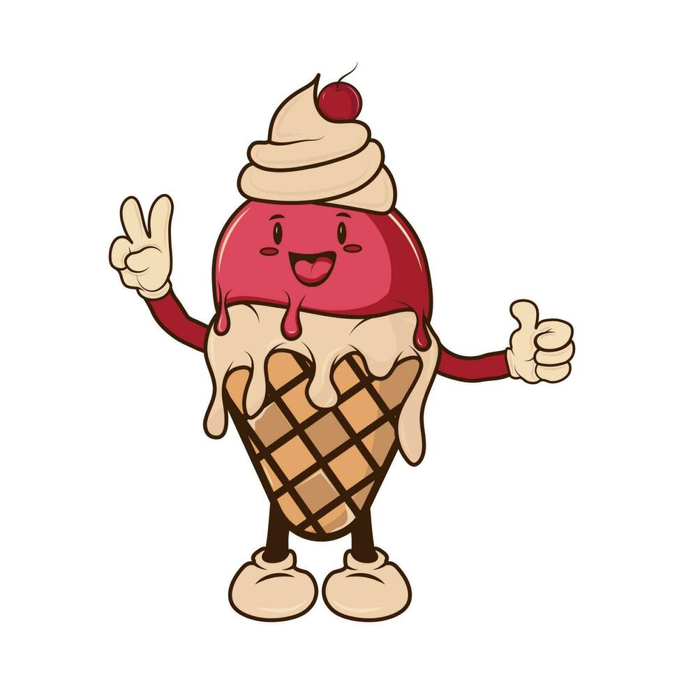 Ice cream. melting ice cream in a waffle cone. Cartoon-style character. Insulated horn on a white background. vector illustration for web, design, printing