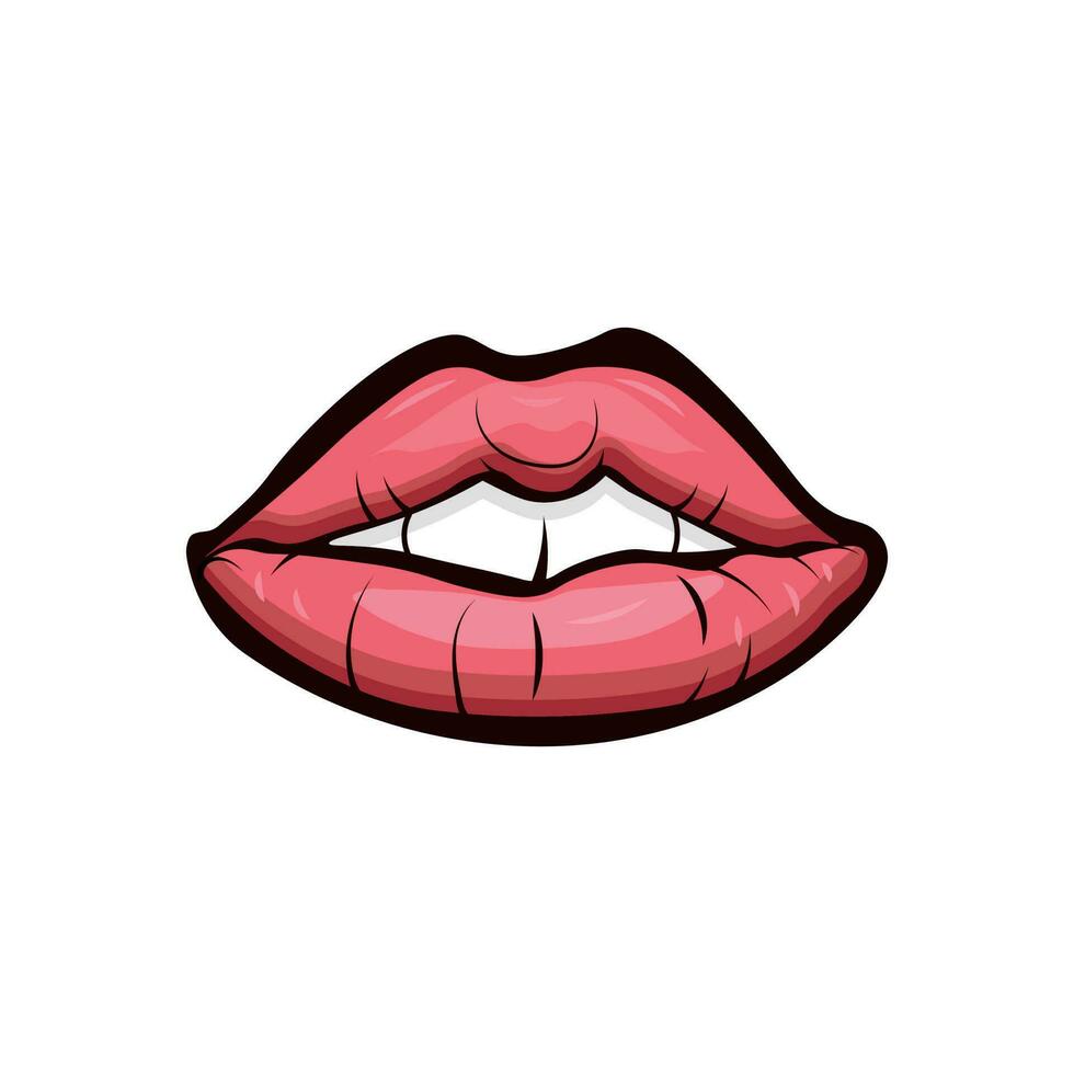 Psychedelic trippy lips are isolated. Cute cartoon lips with teeth in a groovy retro style. Vector illustration