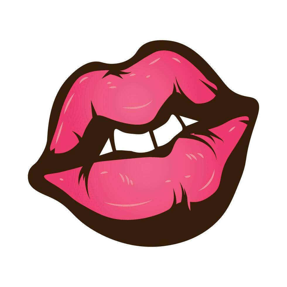 Psychedelic trippy lips are isolated. Cute cartoon lips with teeth in a groovy retro style. Vector illustration
