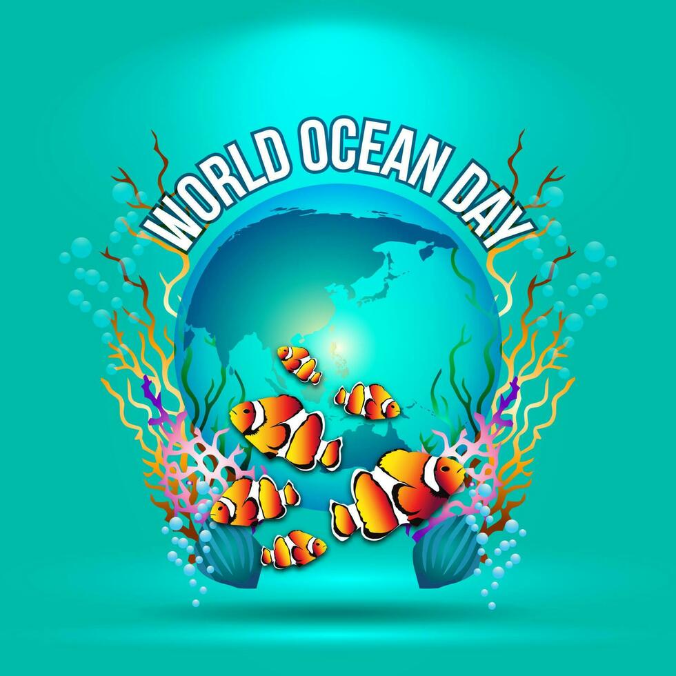 World oceans day design with clownfish in underwater ocean vector