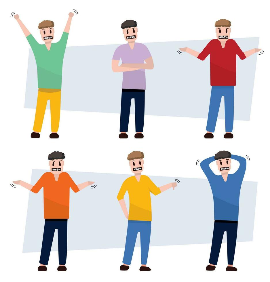 people swearing. irritated character, angry screaming, disappointed expressions, male characters. vector simple cartoon characters.