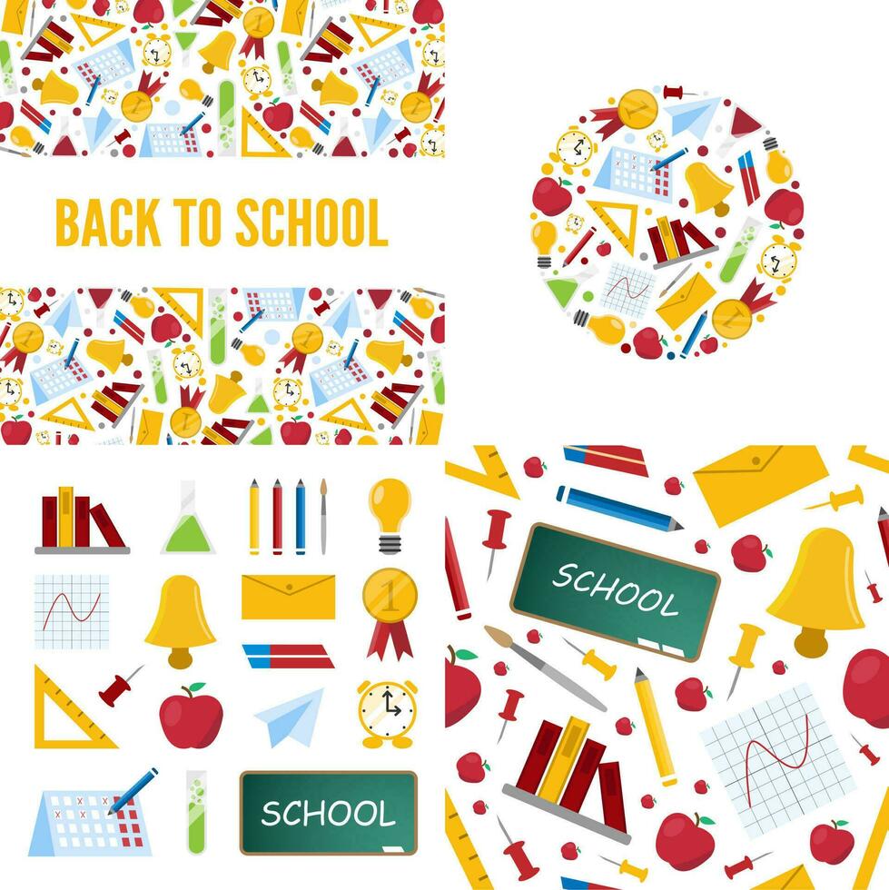 school, office stationery backgrounds set. calculator, pencils, tube of glue, paints, notebook, calendar. education supplies for children study. vector cartoon flat items