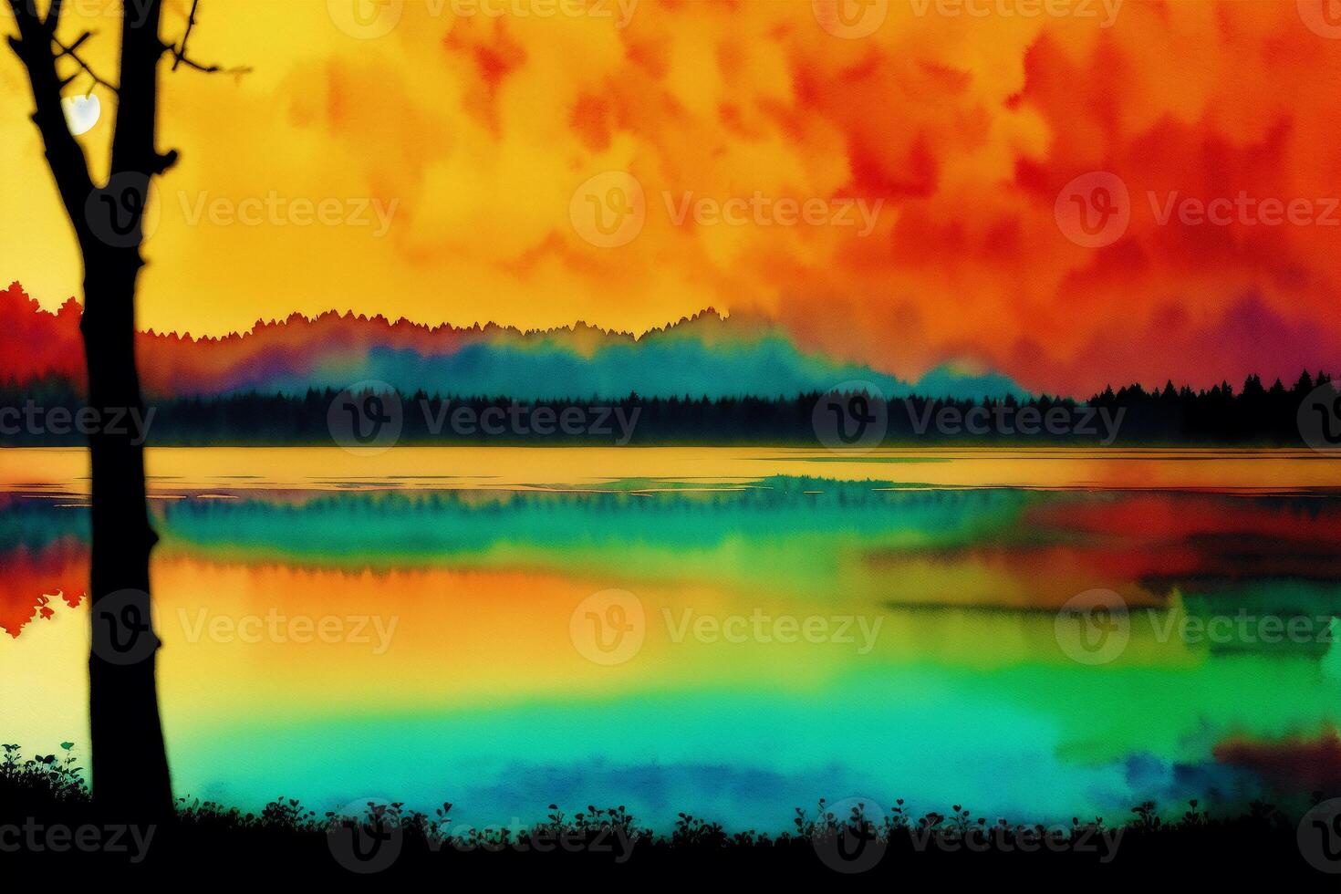 A painting of a lake on the watercolor background. Watercolor paint. Digital art, photo