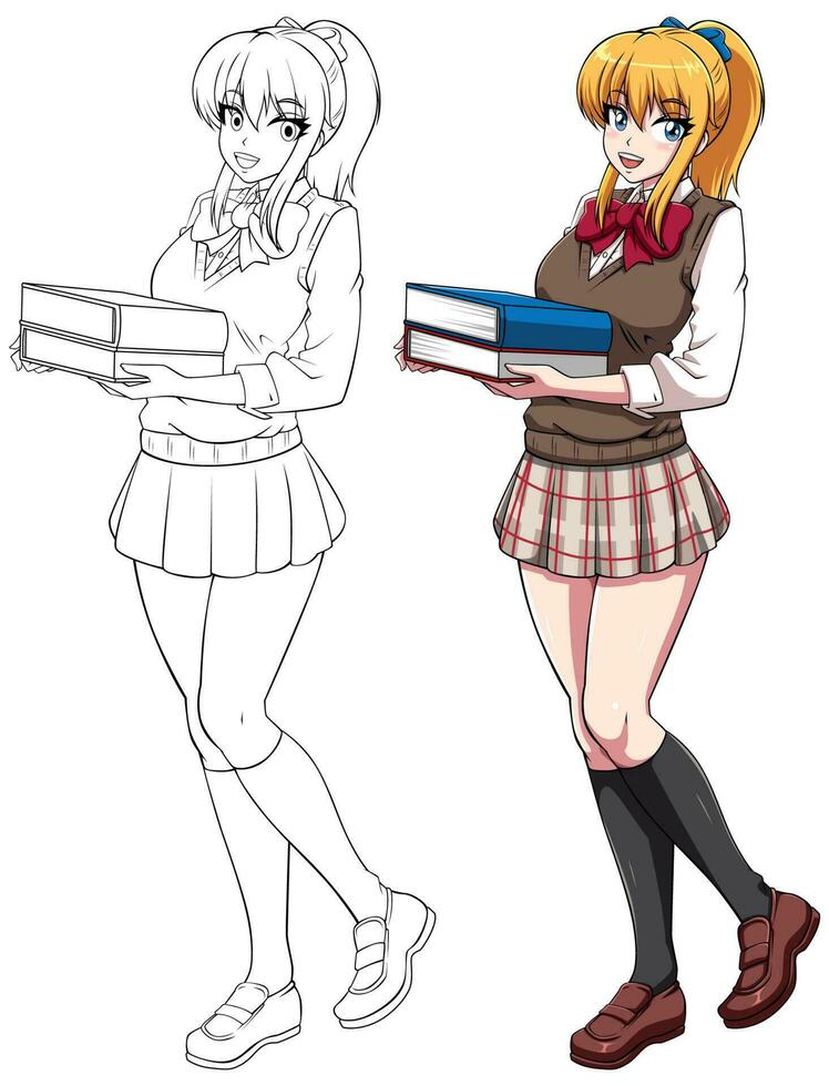 Anime Manga Schoolgirl Holding Books on White vector