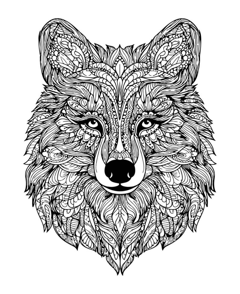 Wolf Hand drawn doodle vector illustration, Hand drawn vector coloring page of wildlife wolf. Coloring page for kids and adults. Print design, t-shirt design, tattoo design, mandala art.